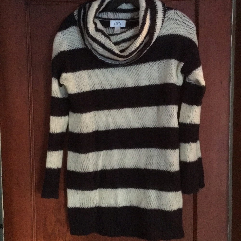 Loft Navy & Cream Striped Cowlneck Tunic Sweater